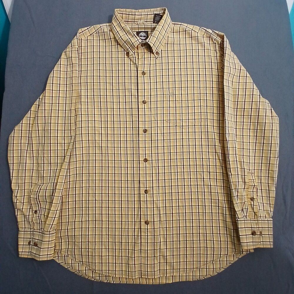 Timberland Shirt Men L Yellow Brown Plaid Long Sleeve Button Up Pocket